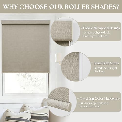 Cordless Blackout Roller Shades - 100% Linen, Free-Stop Design, 34" W x 72" H