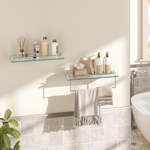 Set of 2 Floating Glass Bathroom Shelves with Towel Rod, 15.7-Inch