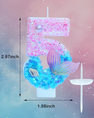 Mermaid Number 5 Birthday Candle - 2.87 Inch Glitter Cake Topper Decor
