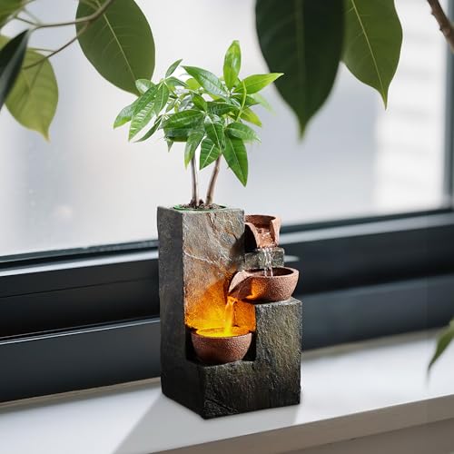 3-Tier Tabletop Indoor Waterfall Fountain with LED Light & DIY Planter
