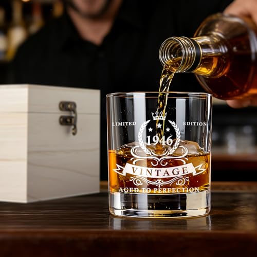 80th Birthday Whiskey Glass for Men 12oz 1946 Gift in Wooden Box - LIGHTEN LIFE 80th