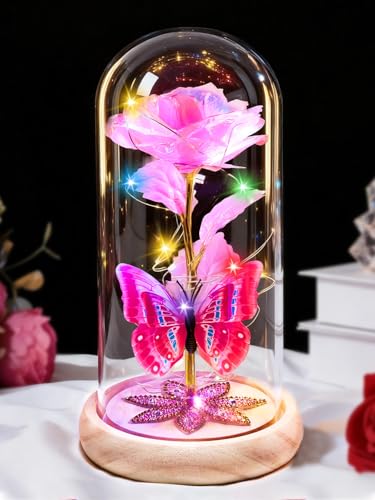 Galaxy Rose in Glass Dome with LED Lights - Eternal Flower Gift for Her