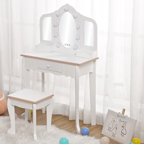 Kids Vanity Table Set with Tri-Fold Lighted Mirror and Stool, White