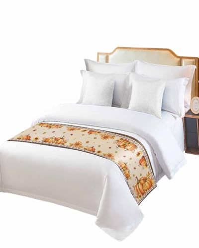 Fall Pumpkin Bed Runner Scarf for King Bed, Satin Bedding Throw (102x20 In)