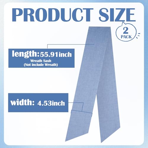Blue Wreath Sash for Front Door 2 Pack - 60 Inch Blank Linen Rustic Wreath Ribbon for DIY Embroidery and Farmhouse Home Decor