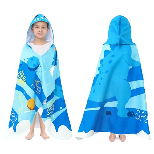 Kids Hooded Beach Towel - Blue Dinosaur Soft Bath Towel for Ages 3-10, 30" x 50"