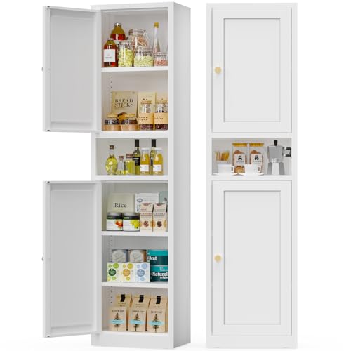 67" Tall Narrow Metal Pantry Cabinet with Adjustable Shelves, White