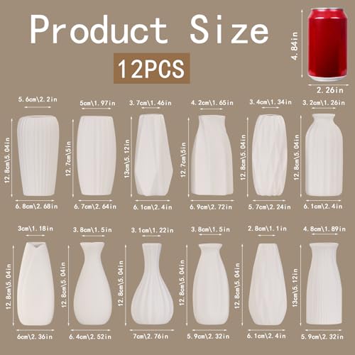 White Ceramic Vase Set of 12 - Mini Bud Vases for Flowers & Pampas Grass, Boho Wedding Centerpieces (Variation: White-st-12)