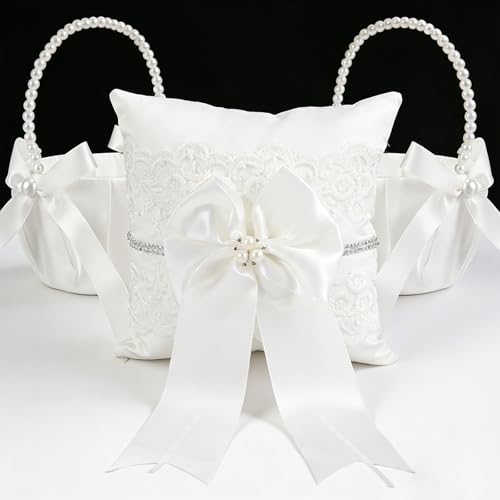 3-Piece Wedding Flower Girl Basket and Ring Bearer Pillow Set, Ivory Satin