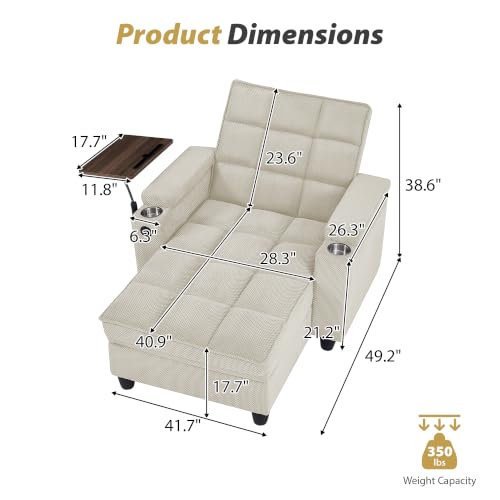 Convertible Sleeper Chair with Storage, USB Port & Swivel Tray Table