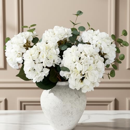 Real Touch White Hydrangea & Eucalyptus Faux Floral Centerpiece (5 Heads)