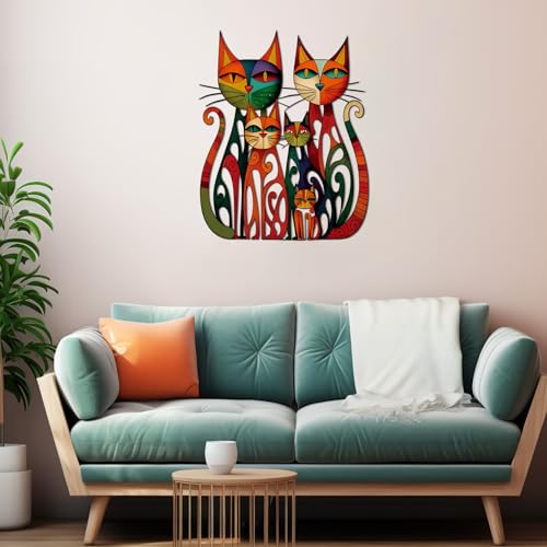 Colorful Metal Cat Wall Art 11x12 Inch Geometric Iron Feline Sculpture