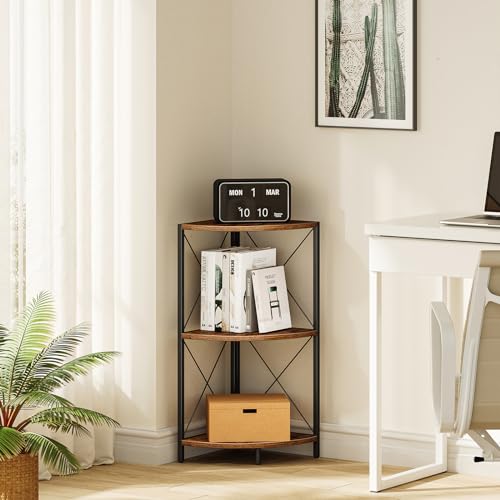 3-Tier Rustic Corner Shelf, Industrial Freestanding Storage Organizer