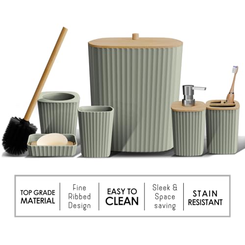 6-Piece Sage Green Bathroom Accessory Set with Bamboo Accents
