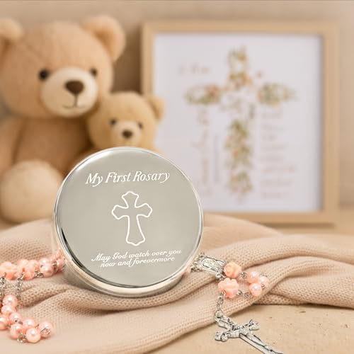 Baby Girl Baptism Gift Set - Pink Rosary with Silver Keepsake Box