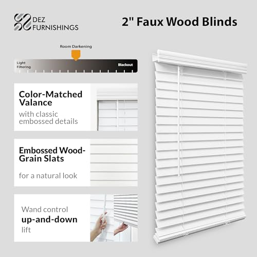 Cordless 2-Inch Faux Wood Horizontal Window Blind, White (35" W x 60" H)
