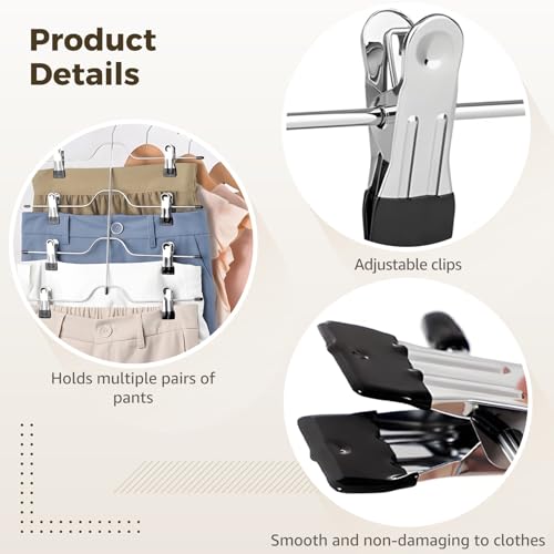 Adjustable 4-Layer Pants & Skirt Hangers with Clips, Space Saving Closet Organizer, Black - 15 in