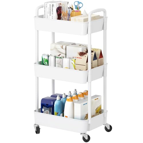 3-Tier Rolling Utility Cart with Wheels - Mobile Storage Organizer, White