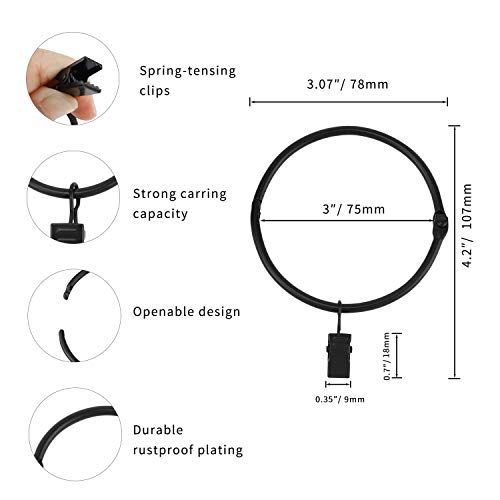 3-Inch Openable Metal Curtain Rings with Clips, 12 Pack, Black