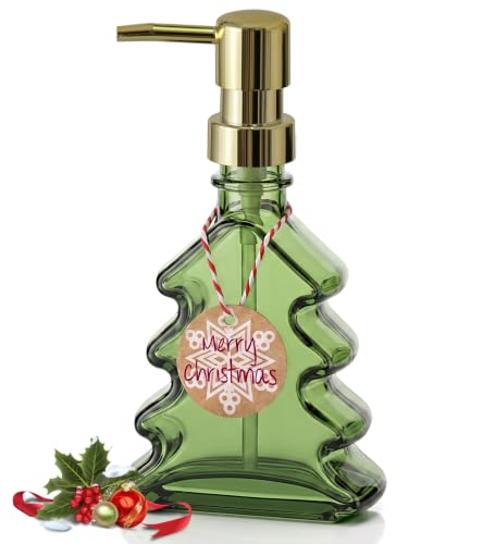 VIMERPA Christmas Tree Soap Dispenser - Green Glass Bathroom Hand & Dish Pump, Refillable Holiday Decor (Variation 1)