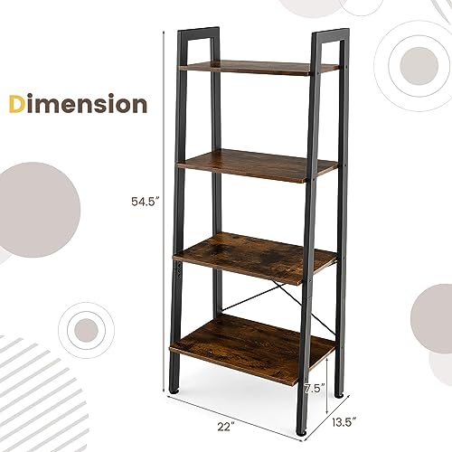 4-Tier Industrial Ladder Shelf - Rustic Brown Wood & Metal Bookshelf