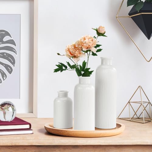 Small White Ceramic Vase Set of 3 - Modern Boho Farmhouse Home Decor