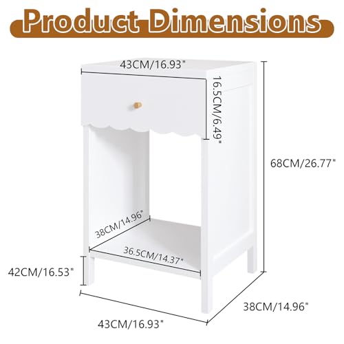 Scalloped White Nightstand with Drawer and Open Storage Shelf