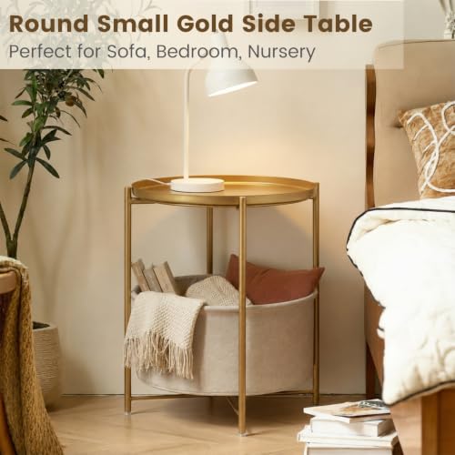 danpinera Gold Side Table with Removable Basket & Tray - Small Round Living Room Nightstand - Variation 1