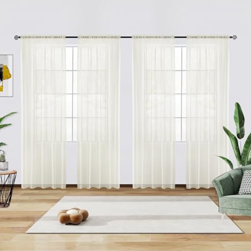 Sheer Rod Pocket Curtains 4 Panels - Ivory Voile Draperies 52x108