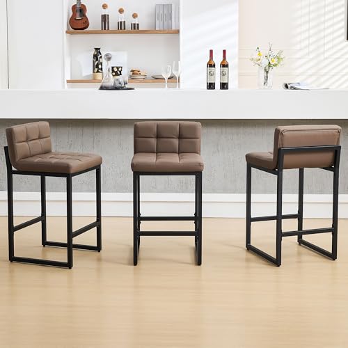 26-Inch PU Leather Counter Height Bar Stools - Set of 3, Coffee Brown