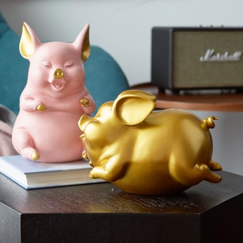 Gold Pig Coin Bank Sculpture Modern Home Decor 8.3 Inch