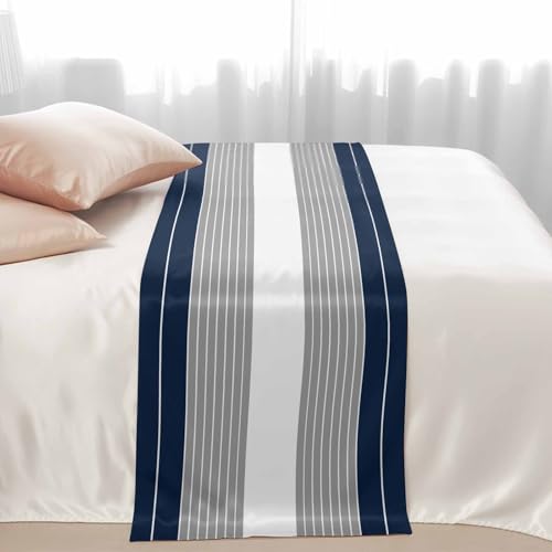 Navy Blue Grey Striped Bed Runner for Queen Bed - 94"x20" Satin Scarf