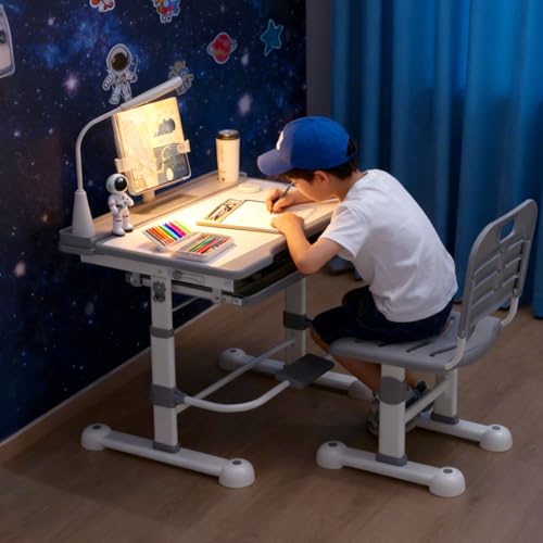 Kids Ergonomic Height Adjustable Study Desk and Chair Set with LED Lamp