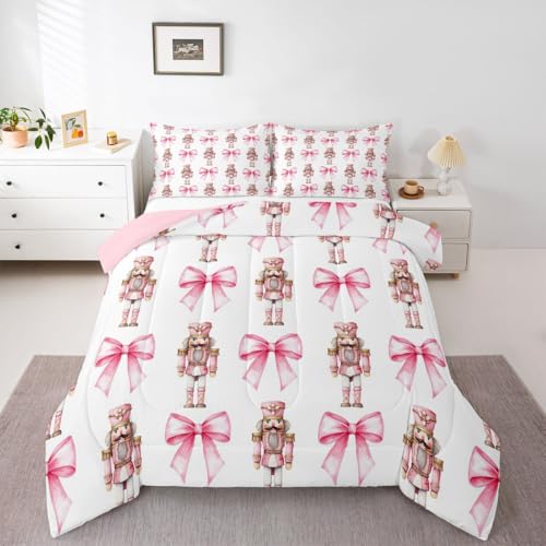 Pink White Twin Bedding Set with Christmas Nutcracker & Bowknot - All Season Girls Bedroom Decor