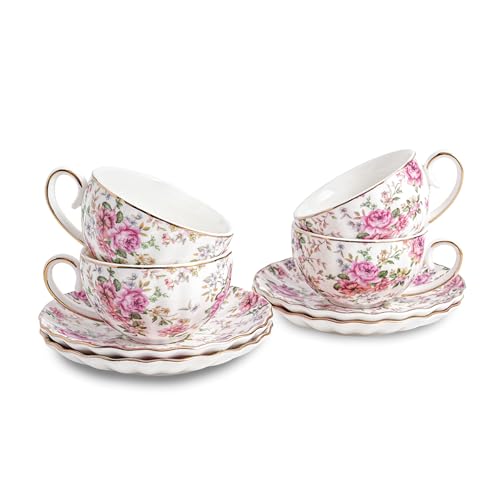 Agyiuns White Floral Tea Cups & Saucers Set - 6.4oz Porcelain Gold Trim, Elegant Gift