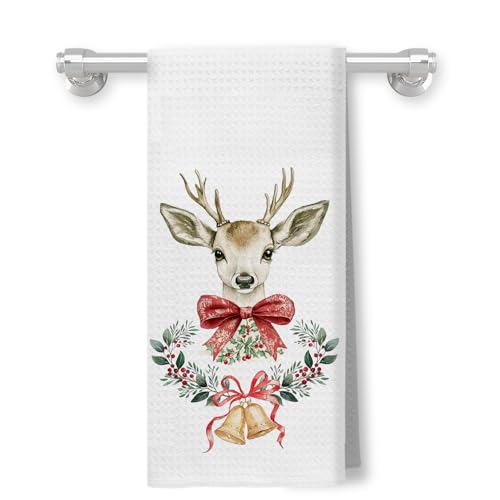 GDJIEGBC Christmas Deer Kitchen Towels Set - Red Bow & Reindeer Pattern, 16x24 Inch, Vari-03
