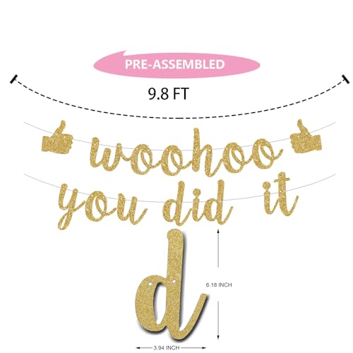 Woohoo You Did It Graduation Banner - Pre-Strung Gold Glitter 2024 Decor