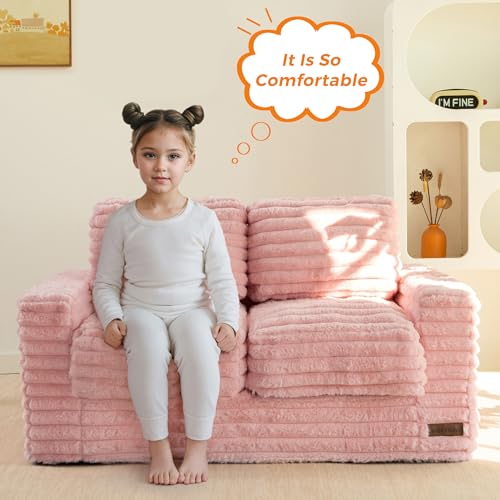 Kids Faux Fur Bean Bag Chair with Armrests and Pillows - Pink