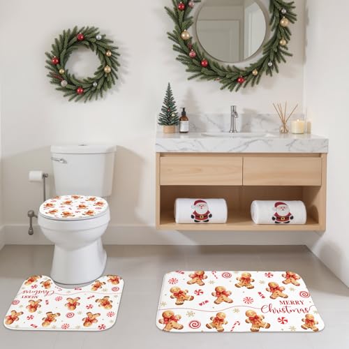 Christmas Shower Curtain Set Gingerbread Bath Decor 4pcs Waterproof Holiday