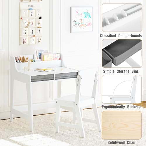 Kids Wooden Desk and Chair Set with Storage Drawers for Study
