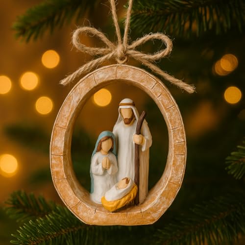 Holy Family Nativity Scene Hanging Ornament - Hand-Painted Resin, Rustic Faux-Wood Ring, Christmas Decor, Religious Gift, Variation: Nativity Scene