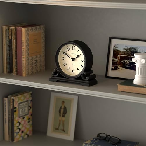 Double Scroll Mantel Clock - Silent Sweep Black Desk & Shelf Clock