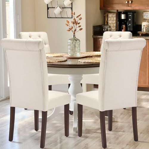 Tufted Upholstered Dining Chairs - Set of 2, Beige Linen Parsons Chairs