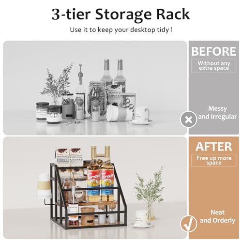3-Tier Coffee Syrup Organizer Rack with Cup Holder, Rustic Countertop Shelf