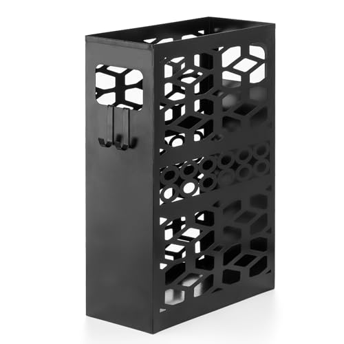 Rectangle Metal Umbrella Stand with 2 Hooks, Rust-Resistant Entryway Holder
