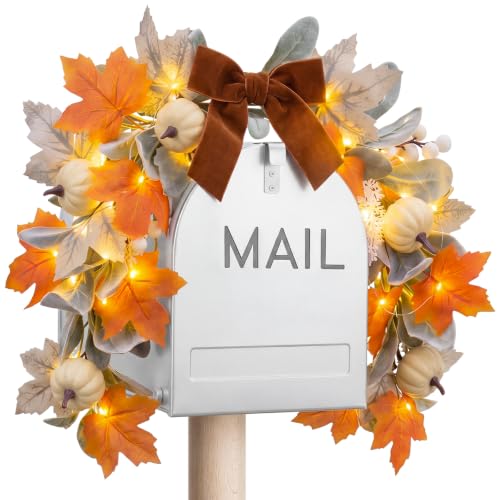 23.6-Inch Fall Mailbox Swag with Lights, Autumn Pumpkin Garland Decor