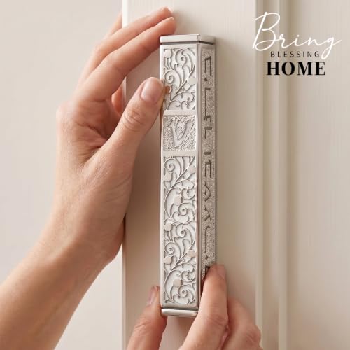 6-Inch Silver and White Mezuzah Case with Scroll and Adhesive Mount