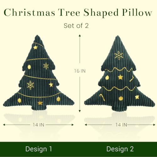 Green Corduroy Embroidered Christmas Tree Pillows Set of 2, 14x16 Inches