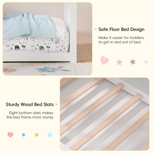 Twin Montessori Floor House Bed, Solid Wood Toddler Bed Frame, White