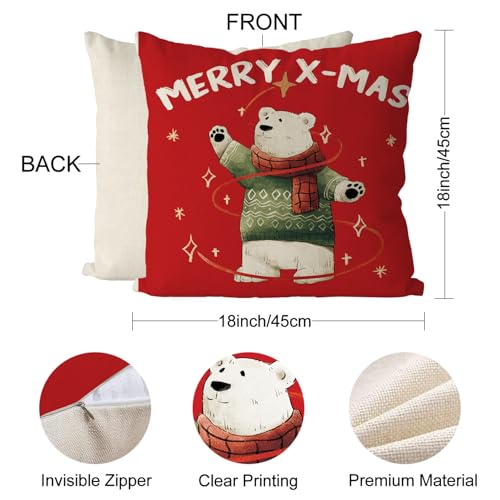 Christmas Polar Bear Pillow Covers Set of 4 18x18 Inches Holiday Home Decor